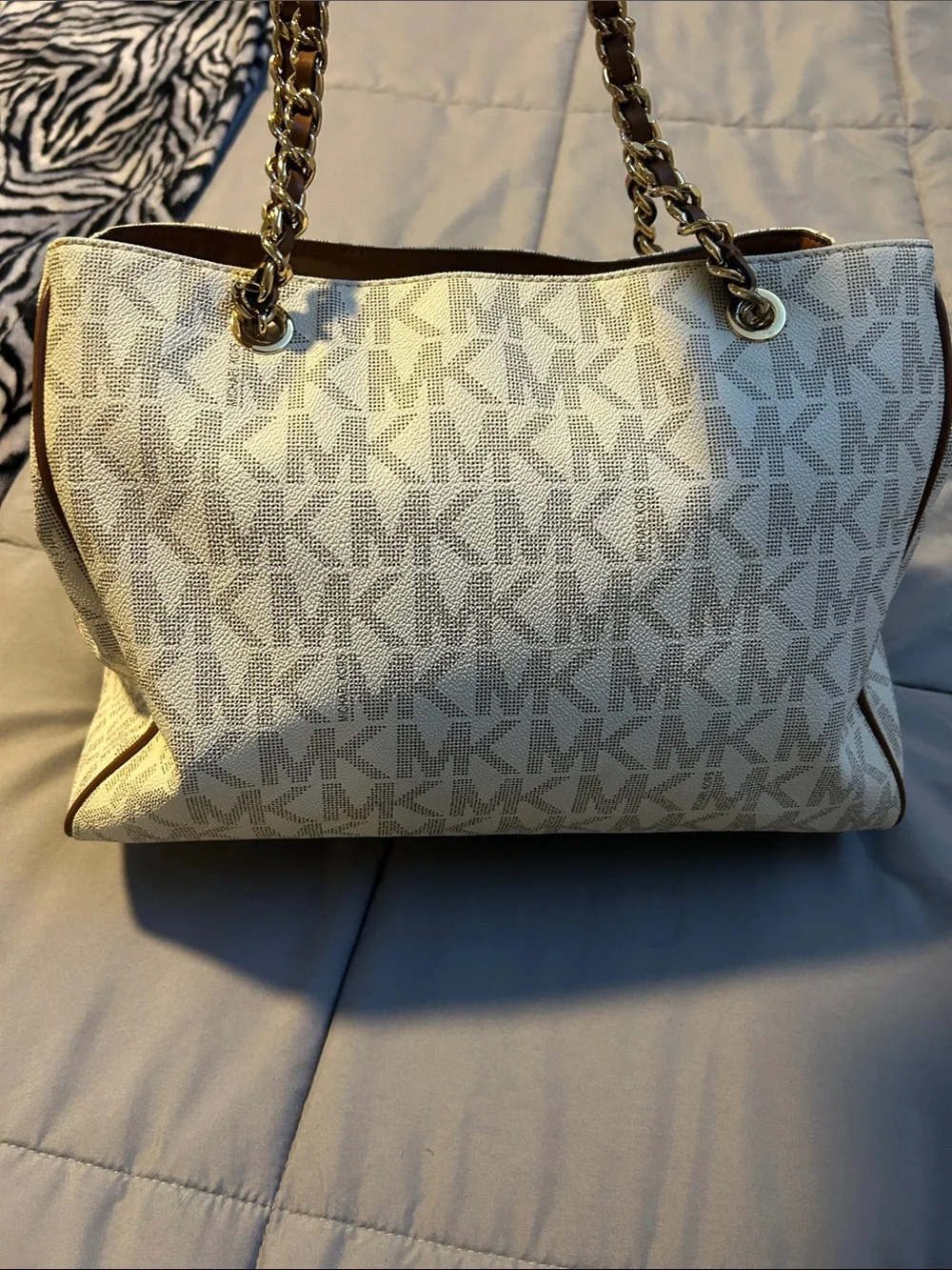 Michael Kors Cream MK Logo Tote with Gold Chain Handles